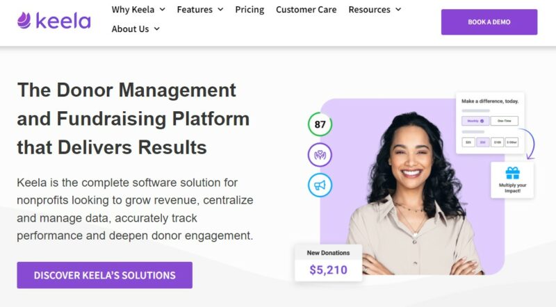 Screenshot of Keela's home page - an AI-empowered CRM for nonprofits